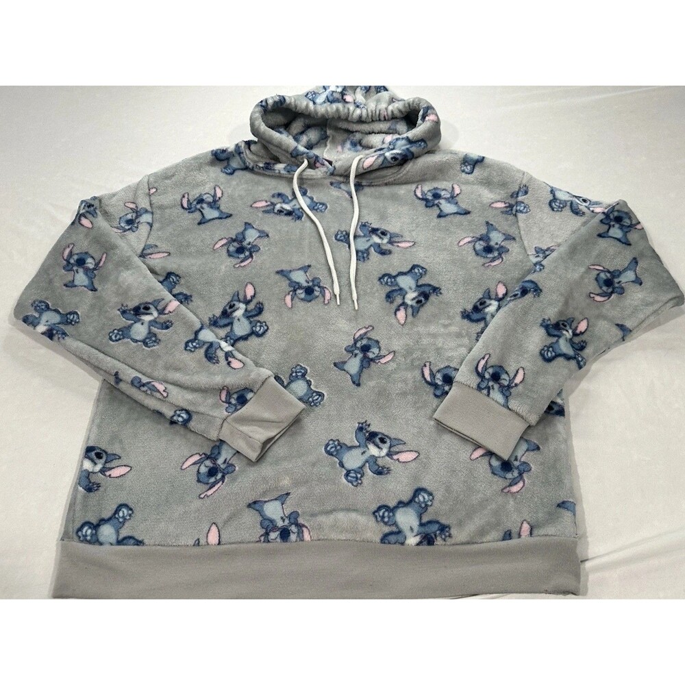 Disney Stitch Gray Fleece Pullover Hoodie Women’s Medium Allover Print